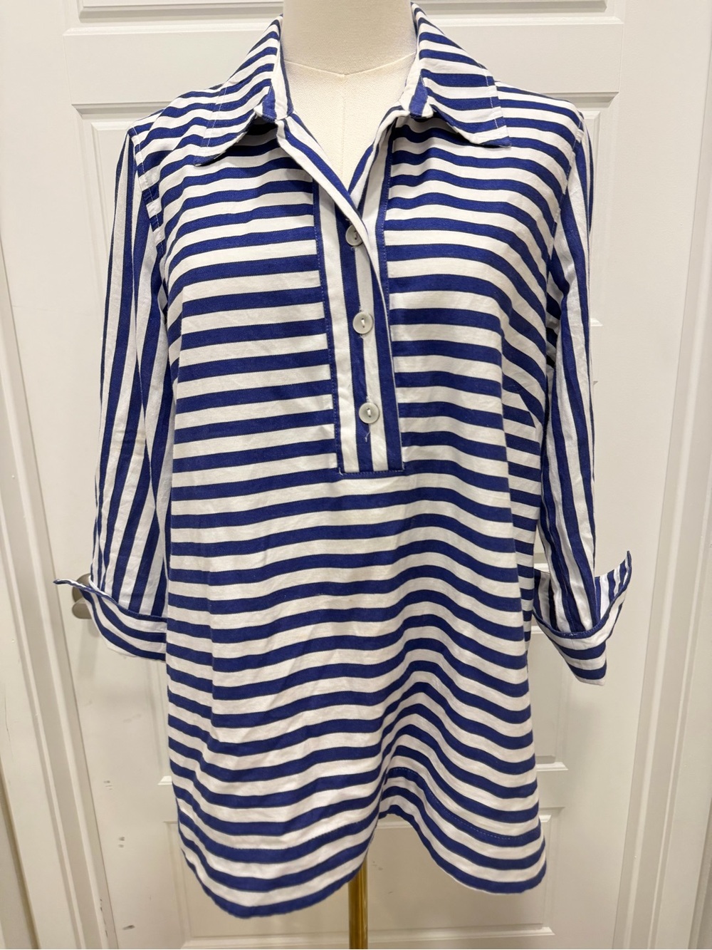 Ali Miles Striped Blue and White Collared Tunic Top - Picture 2 of 5